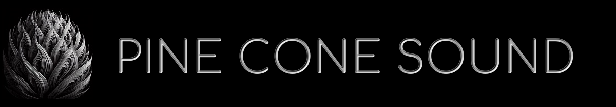 Pine Cone Sound Banner: A black and white banner of the business name 'Pine Cone Sound' next to an stylized rendering of a Pine Cone pattern.