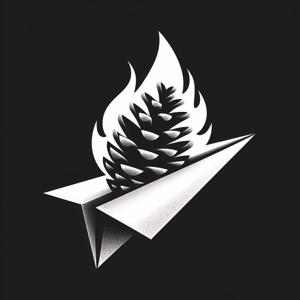 A grayscale image of a burning pine cone flying on a paper airplane to insinuate contact or communication, like a logo.